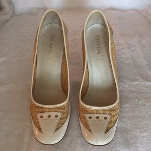 Prada Natural Straw and White Patent Leather Pump